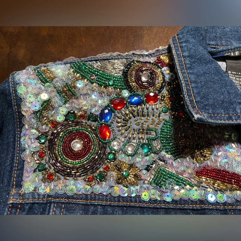 I.B. Diffusion 90’s Vintage Denim Beaded Sequined Embellished Jacket Size 6 - Picture 2 of 10